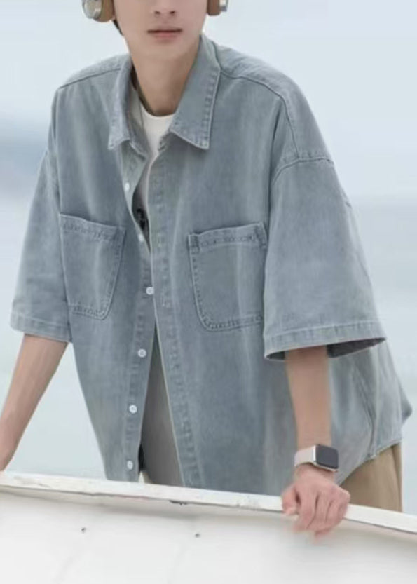 Blue Mens Pan Shirts Spring Pockets Loose Peter Denim Collar