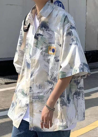 Chemises d'été pour hommes, cravate en soie, col Peter ample, teinture glacée, bleu