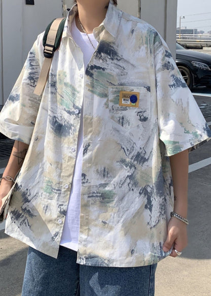 Chemises d'été pour hommes, cravate en soie, col Peter ample, teinture glacée, bleu