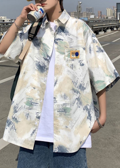 Chemises d'été pour hommes, cravate en soie, col Peter ample, teinture glacée, bleu