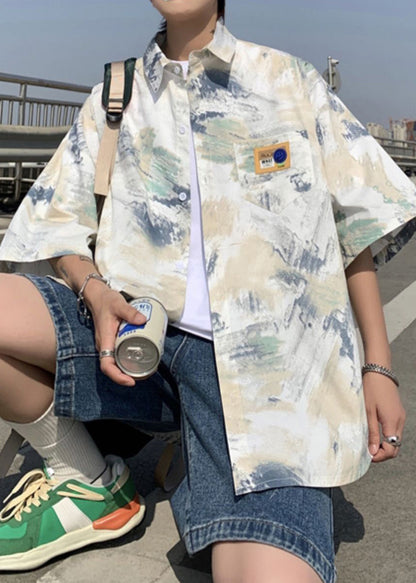 Chemises d'été pour hommes, cravate en soie, col Peter ample, teinture glacée, bleu