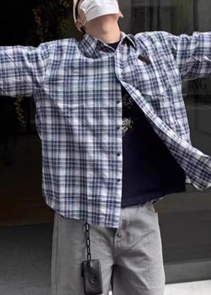 Männer Blau Sommer Hemden Plaid Lose Baumwolle Knopf