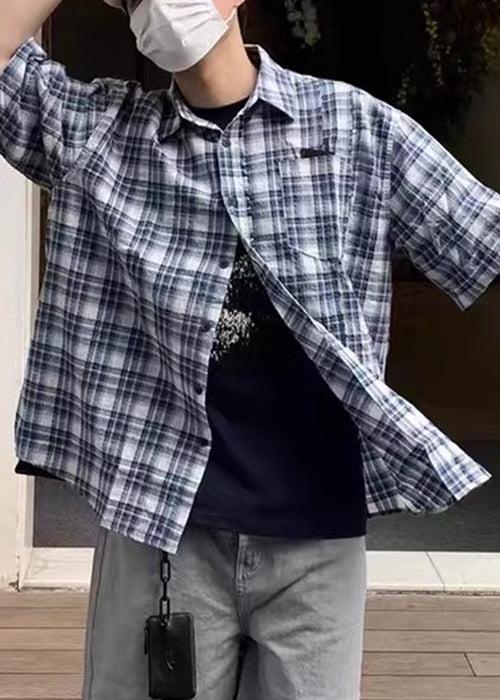 Männer Blau Sommer Hemden Plaid Lose Baumwolle Knopf