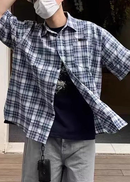 Männer Blau Sommer Hemden Plaid Lose Baumwolle Knopf