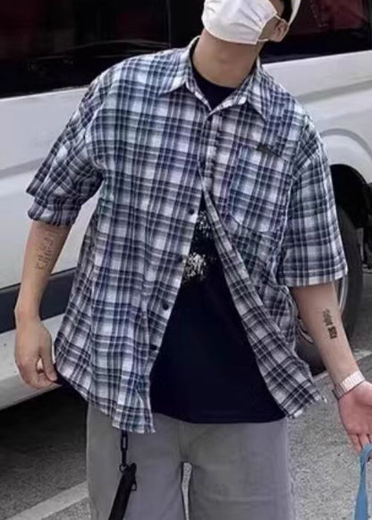 Männer Blau Sommer Hemden Plaid Lose Baumwolle Knopf