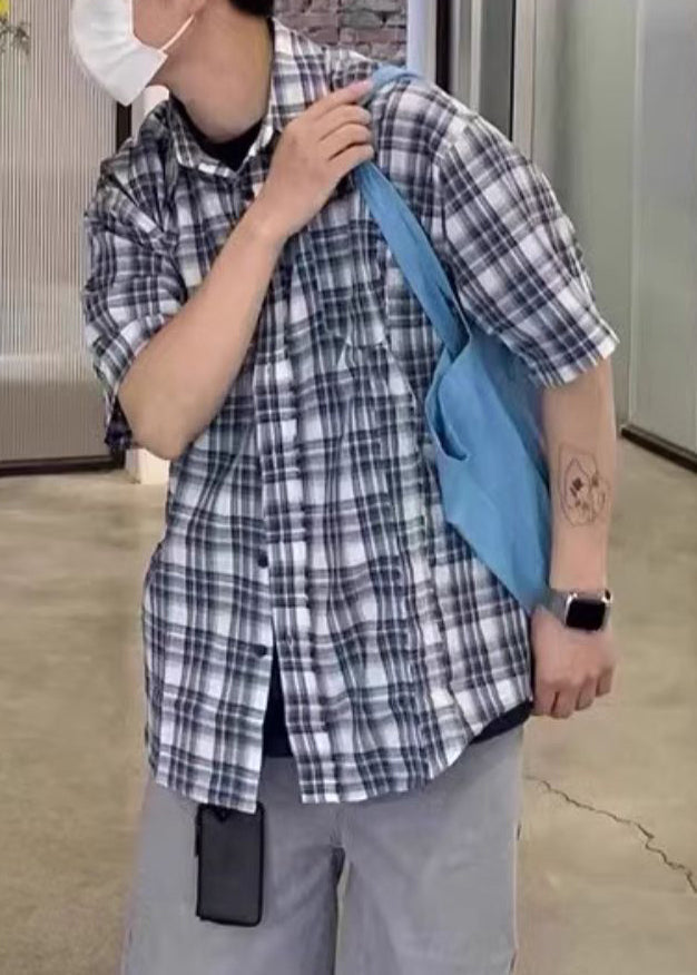 Männer Blau Sommer Hemden Plaid Lose Baumwolle Knopf