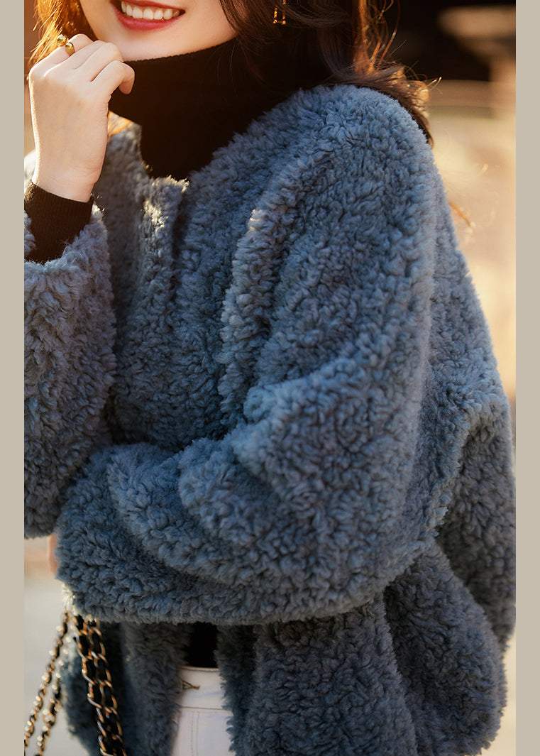Lose Blau Taschen Kordelzug Teddy Kunstpelz Mäntel Frühling TF046