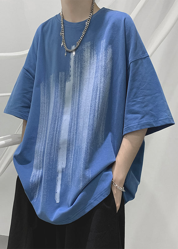 Loses Hemd Männer Gemütlich Halb Baumwolle Druck T Blau Ärmel