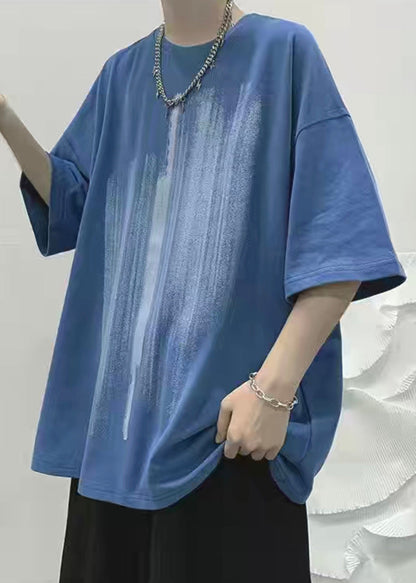 Loses Hemd Männer Gemütlich Halb Baumwolle Druck T Blau Ärmel