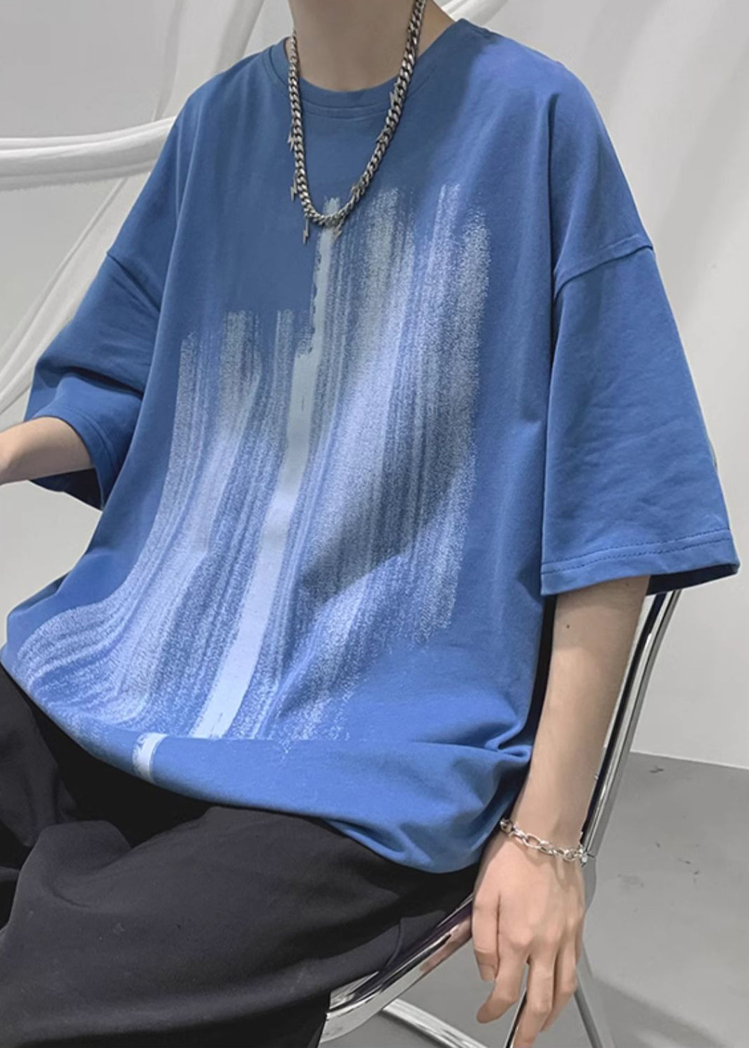 Loses Hemd Männer Gemütlich Halb Baumwolle Druck T Blau Ärmel