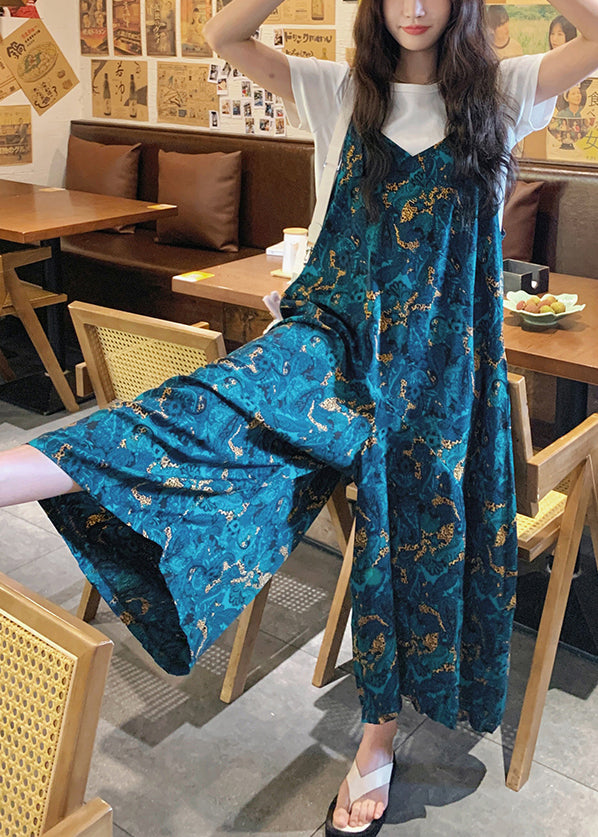 Combinaison pantalon taille haute en coton à imprimé bleu pour l'été