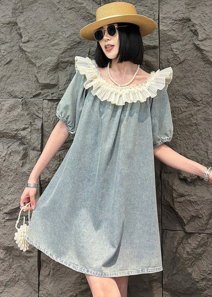 Robe mi-longue en jean bleu ample à volants et perles pour l'été MN050