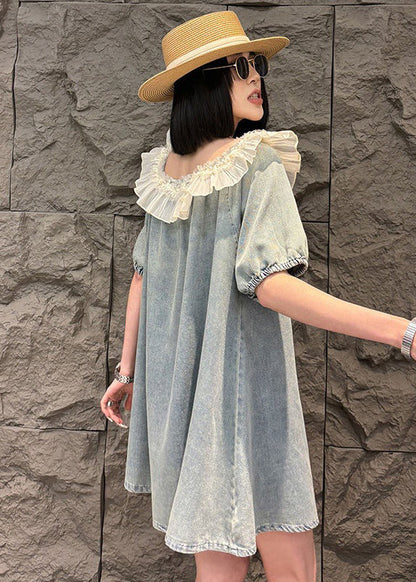 Robe mi-longue en jean bleu ample à volants et perles pour l'été MN050