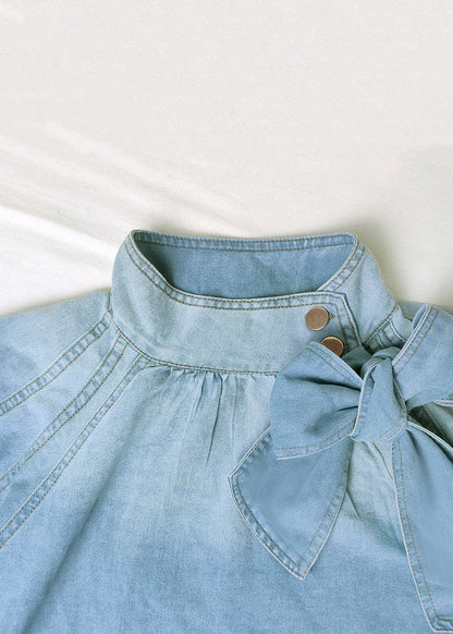 Sleeve Lace Lantern Denim Shirt Loose Collar Up Stand Blue