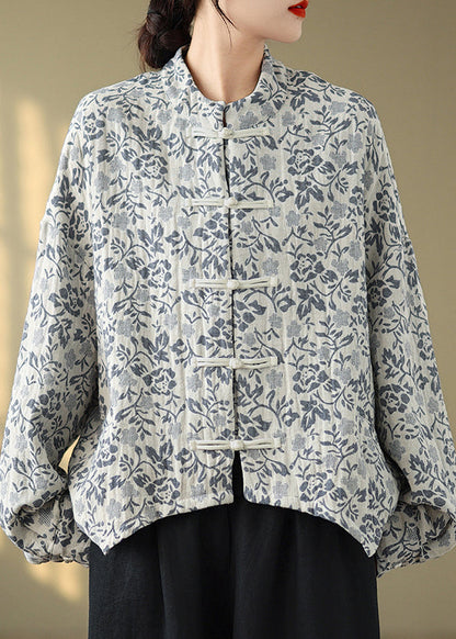 Manteau ample en coton bleu à col montant et boutons imprimés Automne QG045