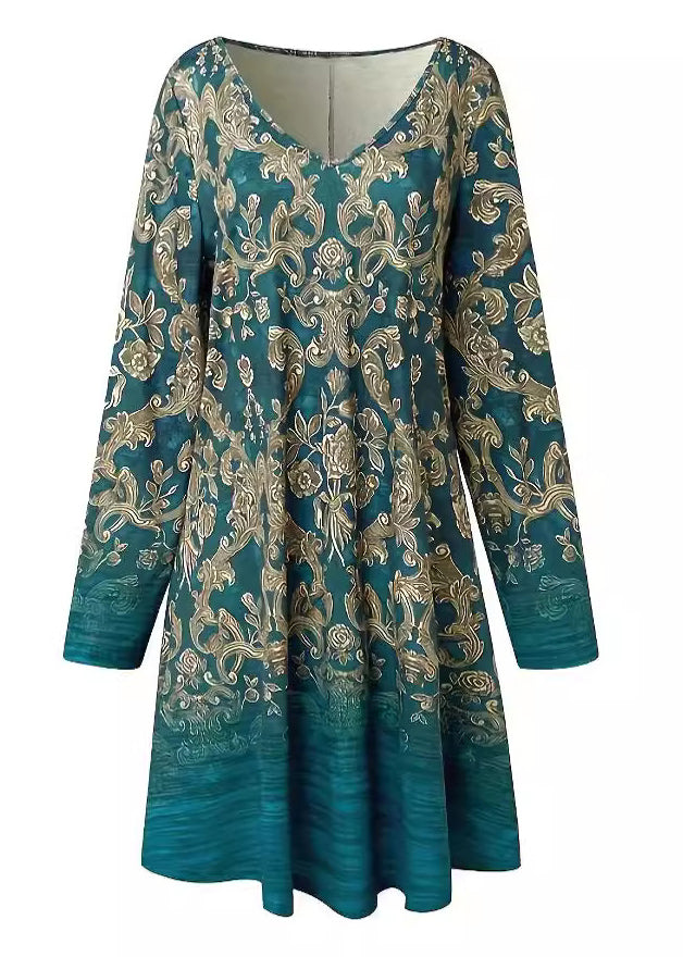 Loose Blue V Neck Print Cotton Mid Dress Long Sleeve AA1037