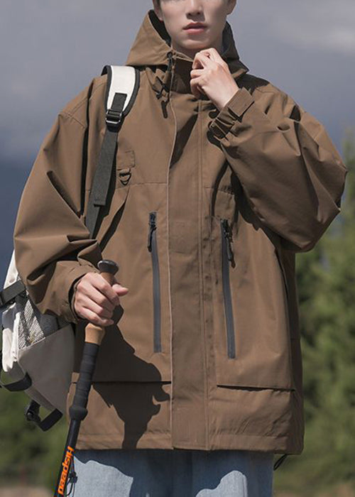 Manteau ample en coton à poches de printemps pour homme, capuche zippée, marron
