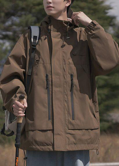 Manteau ample en coton à poches de printemps pour homme, capuche zippée, marron