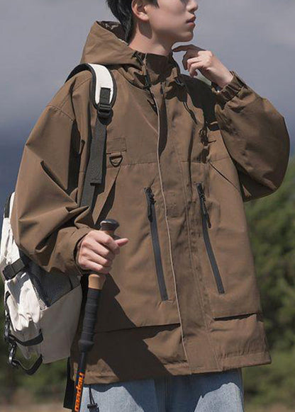 Manteau ample en coton à poches de printemps pour homme, capuche zippée, marron