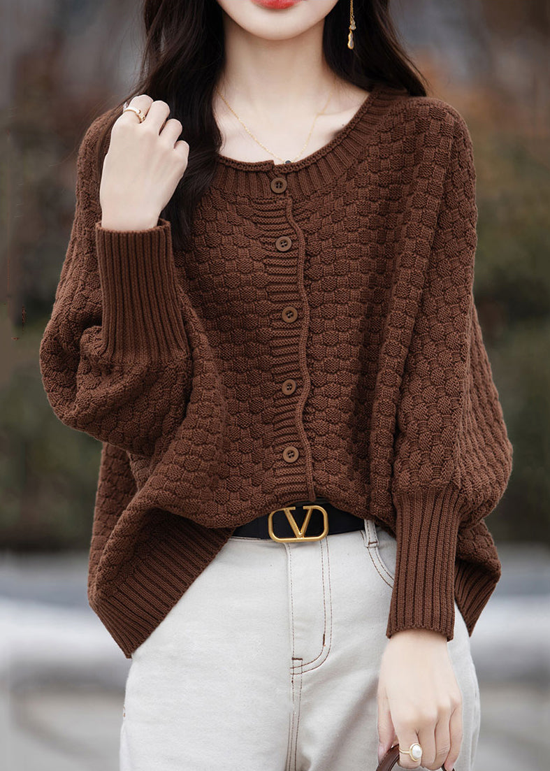 Pull ample en tricot de coton marron à col rond et boutons, printemps TF021