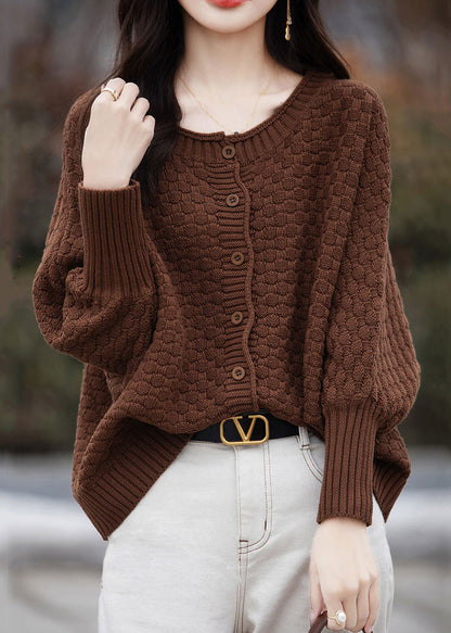 Pull ample en tricot de coton marron à col rond et boutons, printemps TF021