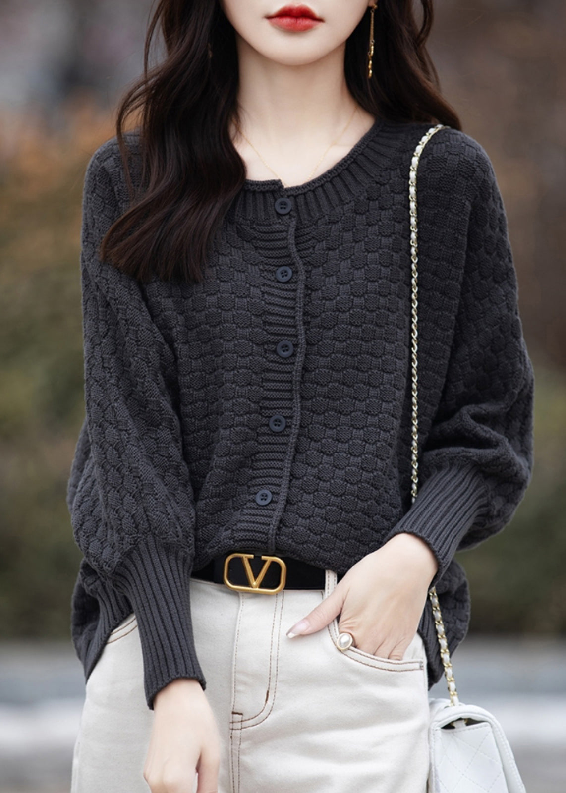 Pull ample en tricot de coton marron à col rond et boutons, printemps TF021