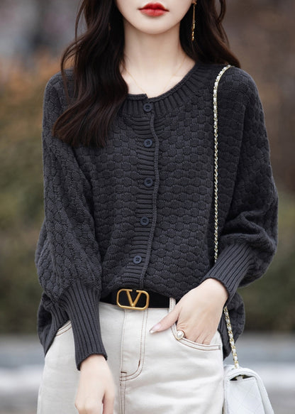 Pull ample en tricot de coton marron à col rond et boutons, printemps TF021