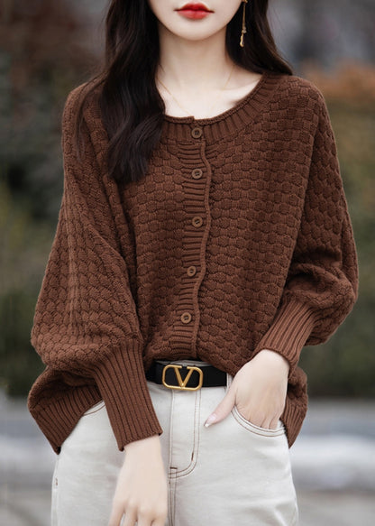 Pull ample en tricot de coton marron à col rond et boutons, printemps TF021
