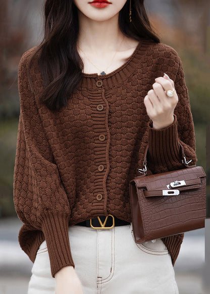 Pull ample en tricot de coton marron à col rond et boutons, printemps TF021