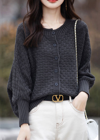 Pull ample en tricot de coton marron à col rond et boutons, printemps TF021