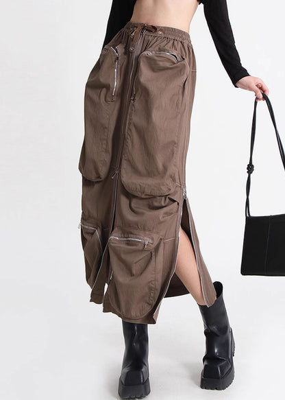 Cotton Waist Skirt Pockets Brown Loose Zippered Elastic Summer