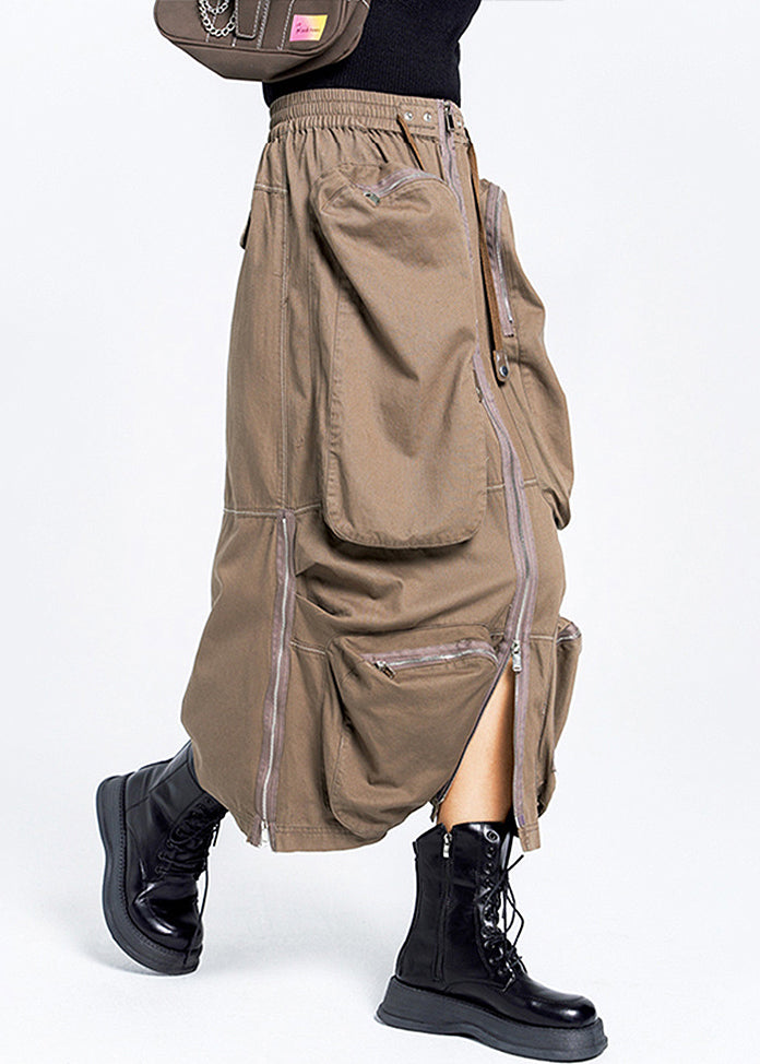 Cotton Waist Skirt Pockets Brown Loose Zippered Elastic Summer