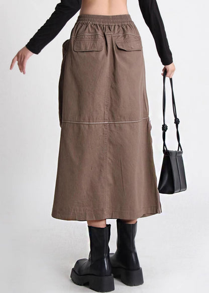 Cotton Waist Skirt Pockets Brown Loose Zippered Elastic Summer