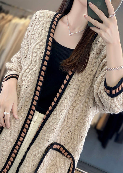 Cardigan ample en tricot de coton patchwork ajouré Camel Automne AB1027