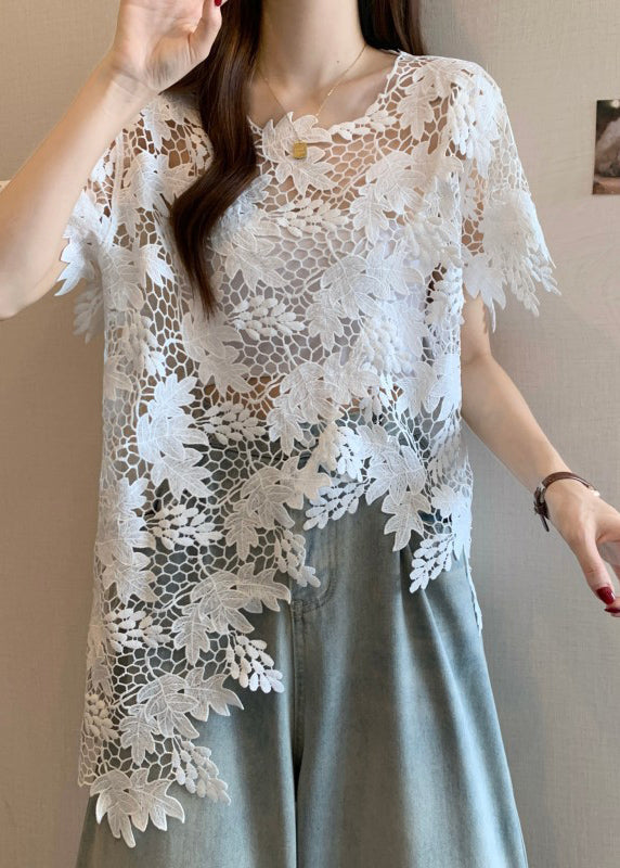 Caramel Sleeve Lace Asymmetrical O-Neck Top Short Loose