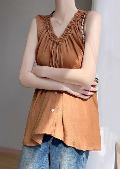 Caramel Up Ruffled Loose Shirt Sleeveless Cotton Lace