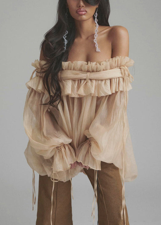 Spitzenhemd Button Up Farbe Lose Tüll Champagner Rüschen Flare