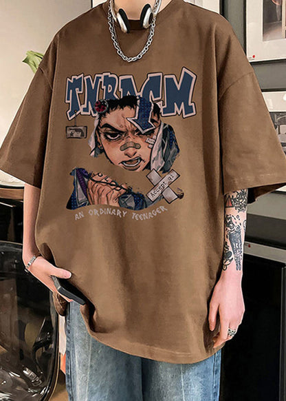 Baumwolle Herren Ärmel Hemd O Halb Loose Neck Schokolade Print T