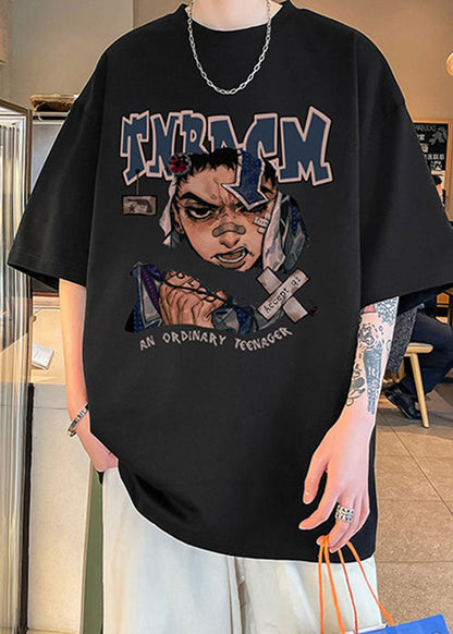 Baumwolle Herren Ärmel Hemd O Halb Loose Neck Schokolade Print T