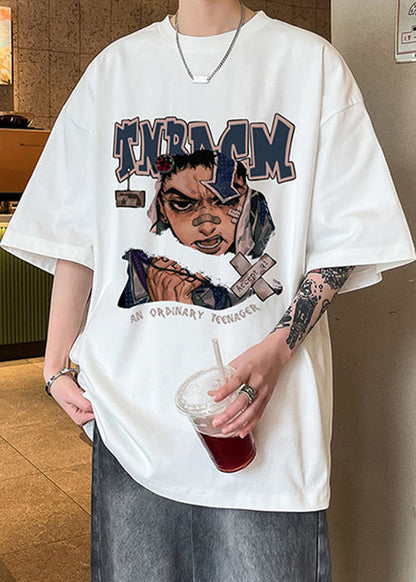 Baumwolle Herren Ärmel Hemd O Halb Loose Neck Schokolade Print T