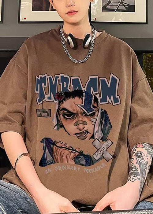 Baumwolle Herren Ärmel Hemd O Halb Loose Neck Schokolade Print T