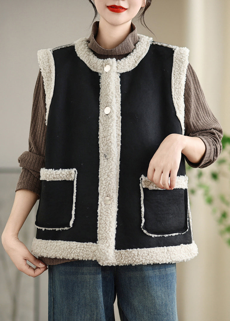 Gilet en fausse fourrure à poches boutonnées Loose Coffee sans manches WL001