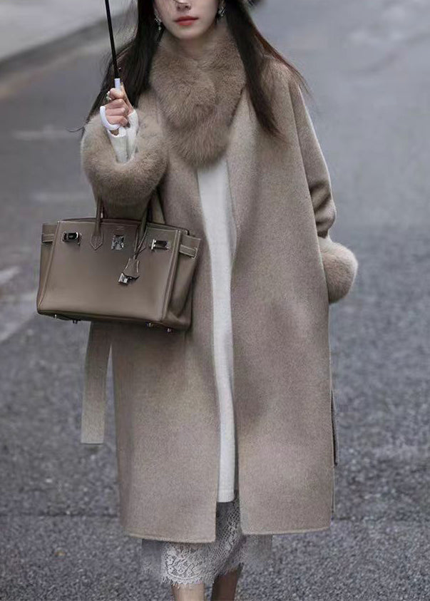 Loose Coffee Fur Collar Tie Waist Pockets Woolen Coat Spring TY015
