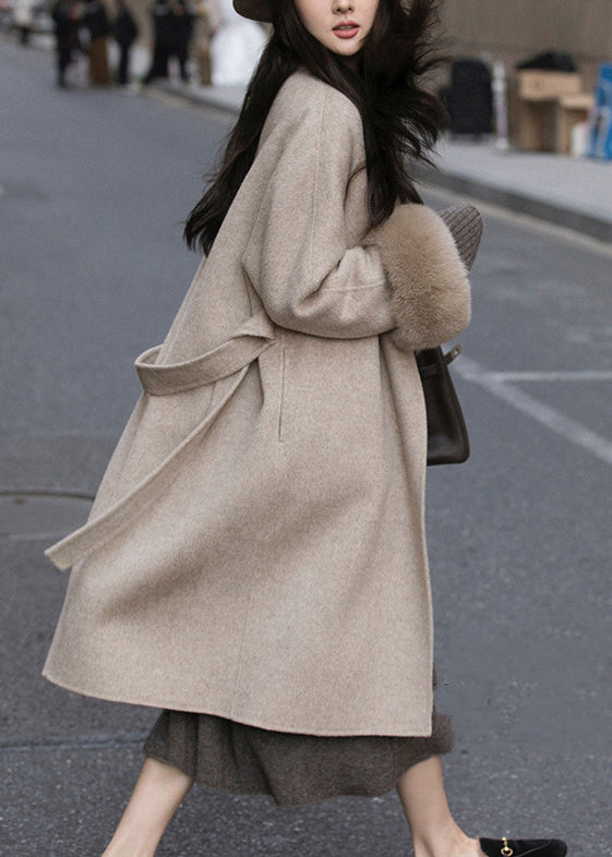 Loose Coffee Fur Collar Tie Waist Pockets Woolen Coat Spring TY015