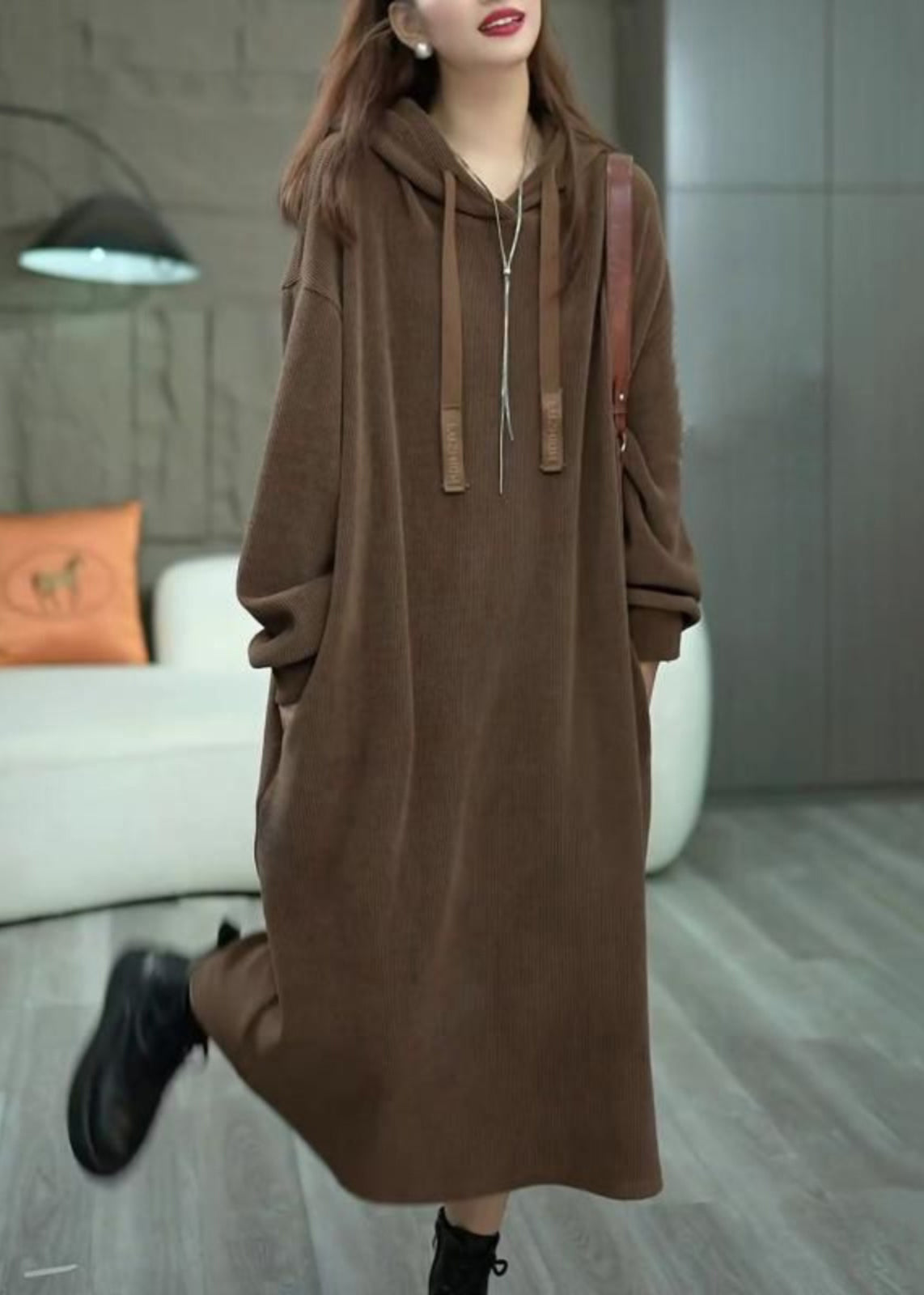 Loose Coffee Hooded Pockets Solid Long Dress Winter WM011