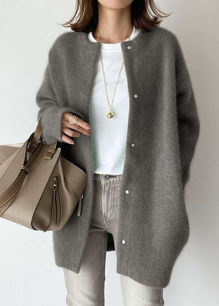 Loose Coffee O Neck Button Solid Woolen Coat Spring TF031