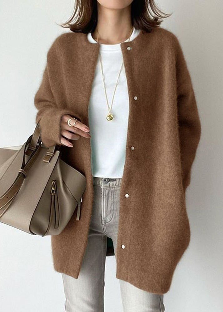 Loose Coffee O Neck Button Solid Woolen Coat Spring TF031