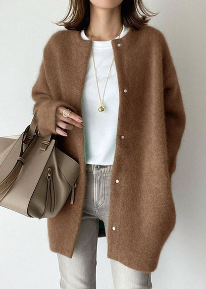 Loose Coffee O Neck Button Solid Woolen Coat Spring TF031