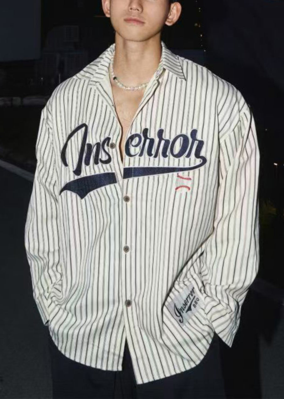 Loose Striped Men Shirts Cotton Letter Coffee Spring