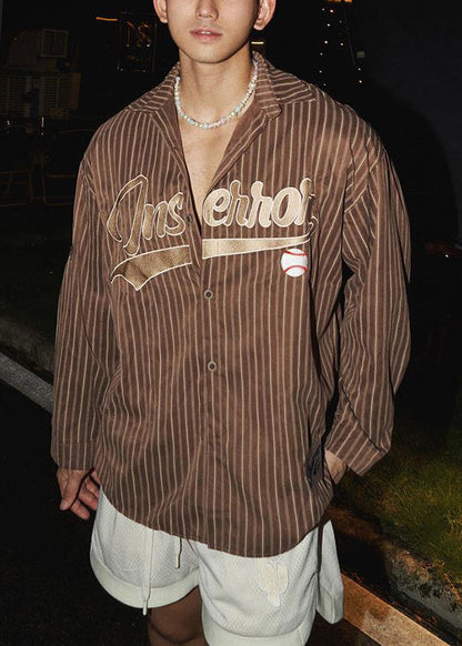 Loose Striped Men Shirts Cotton Letter Coffee Spring